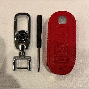 MAZDA Chrome Keychain & MAZDA Red & Silver Leather Key Fob Case Cover